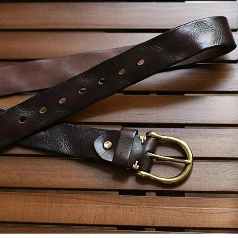 Men's Genuine Leather Belt with Antique Brass Buckle