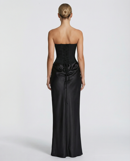 Vivienne | Black Satin Corset Maxi Dress For Women