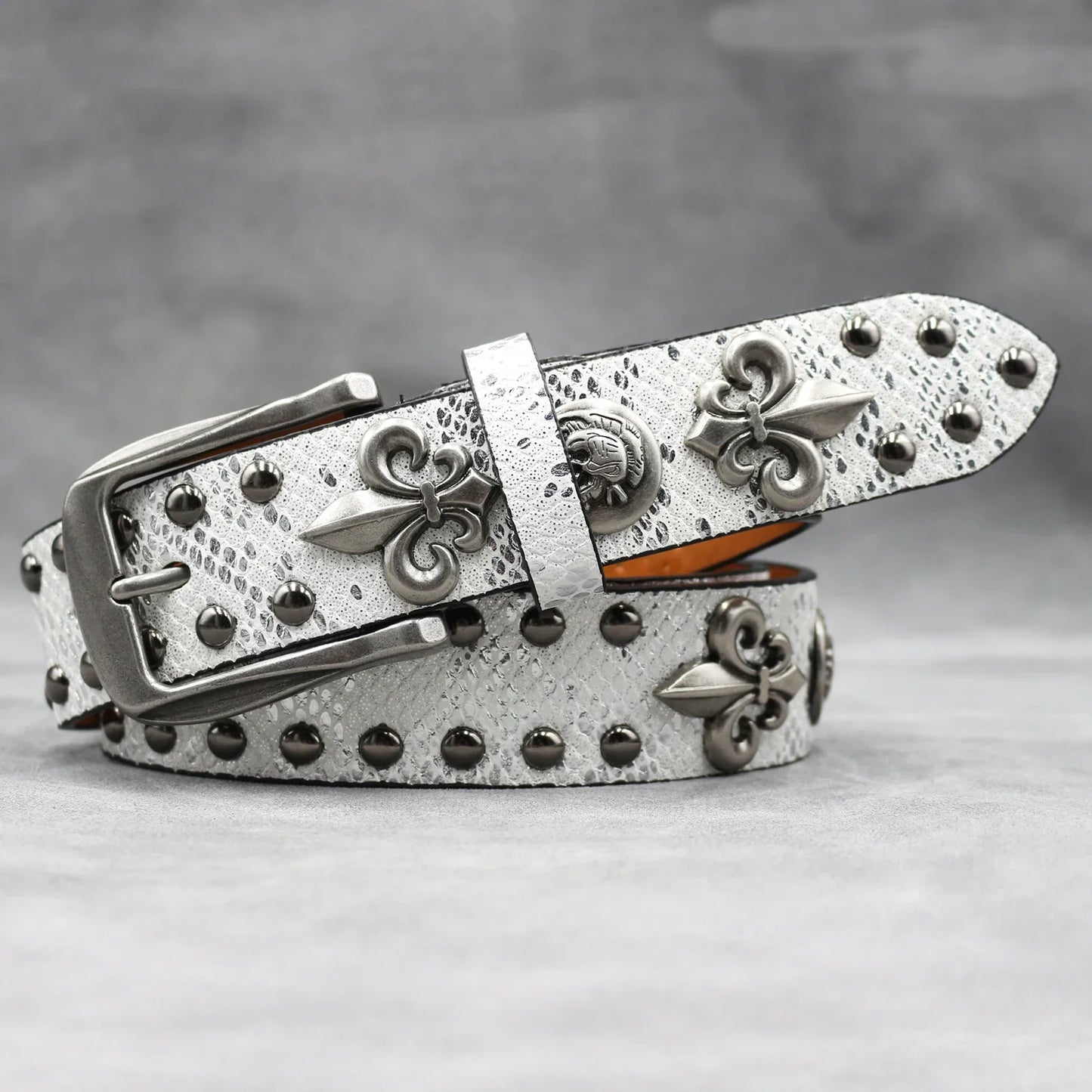 Western Studded Leather Belt with Fleur de Lis Charms