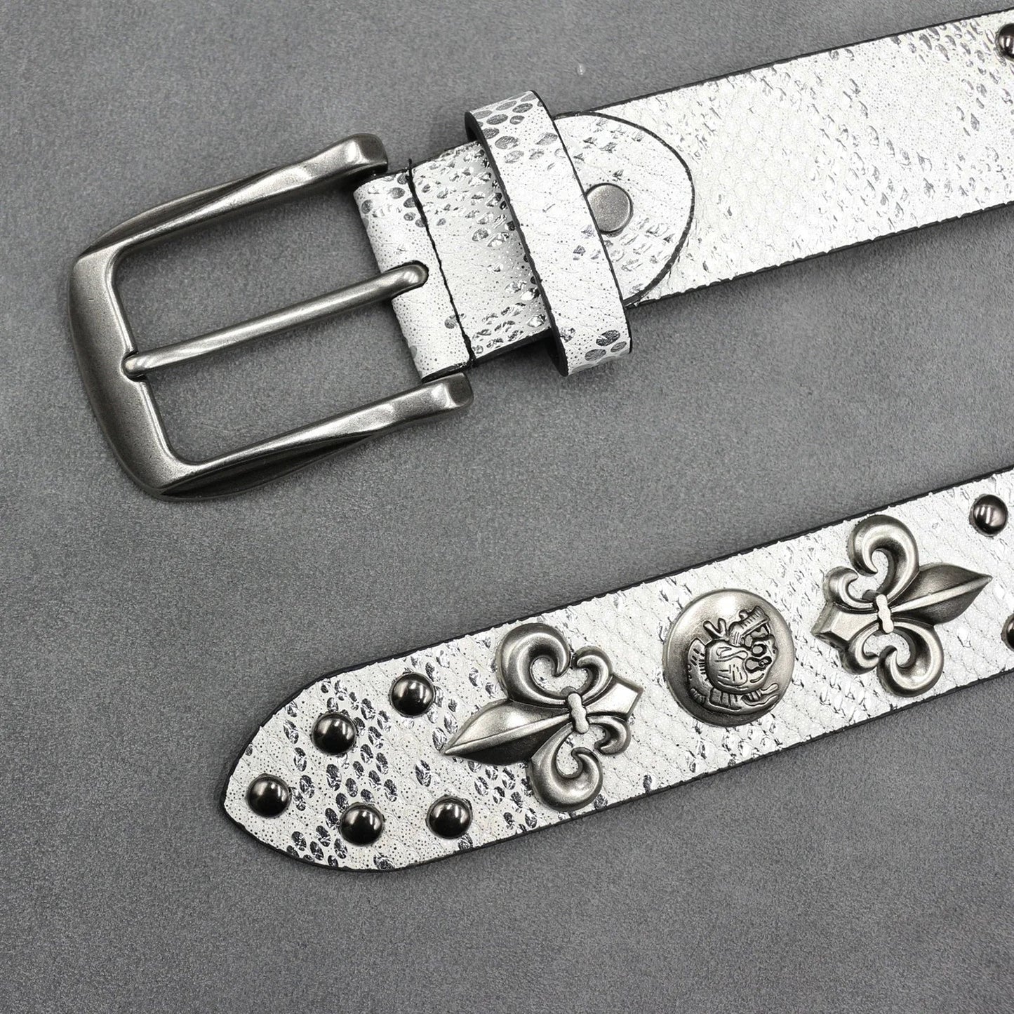 Western Studded Leather Belt with Fleur de Lis Charms