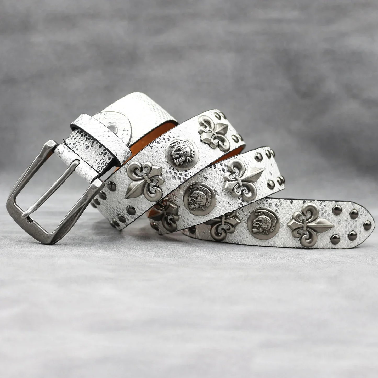 Western Studded Leather Belt with Fleur de Lis Charms