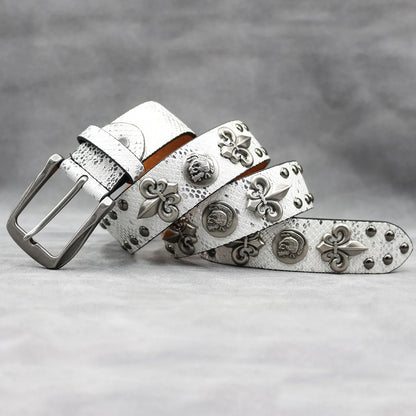 Western Studded Leather Belt with Fleur de Lis Charms