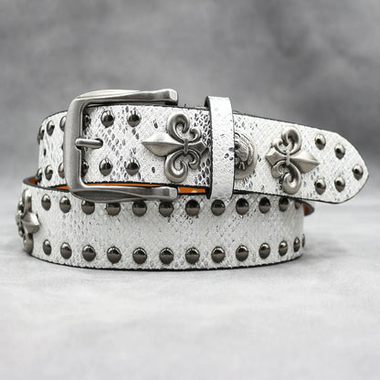 Western Studded Leather Belt with Fleur de Lis Charms