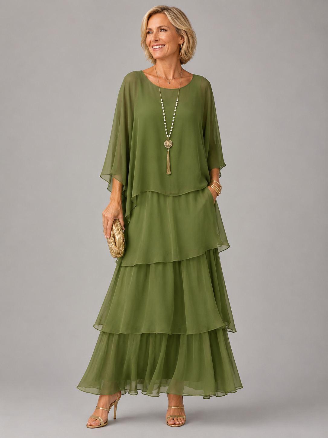 Tiered Chiffon Cape Sleeve Maxi Dress for Women