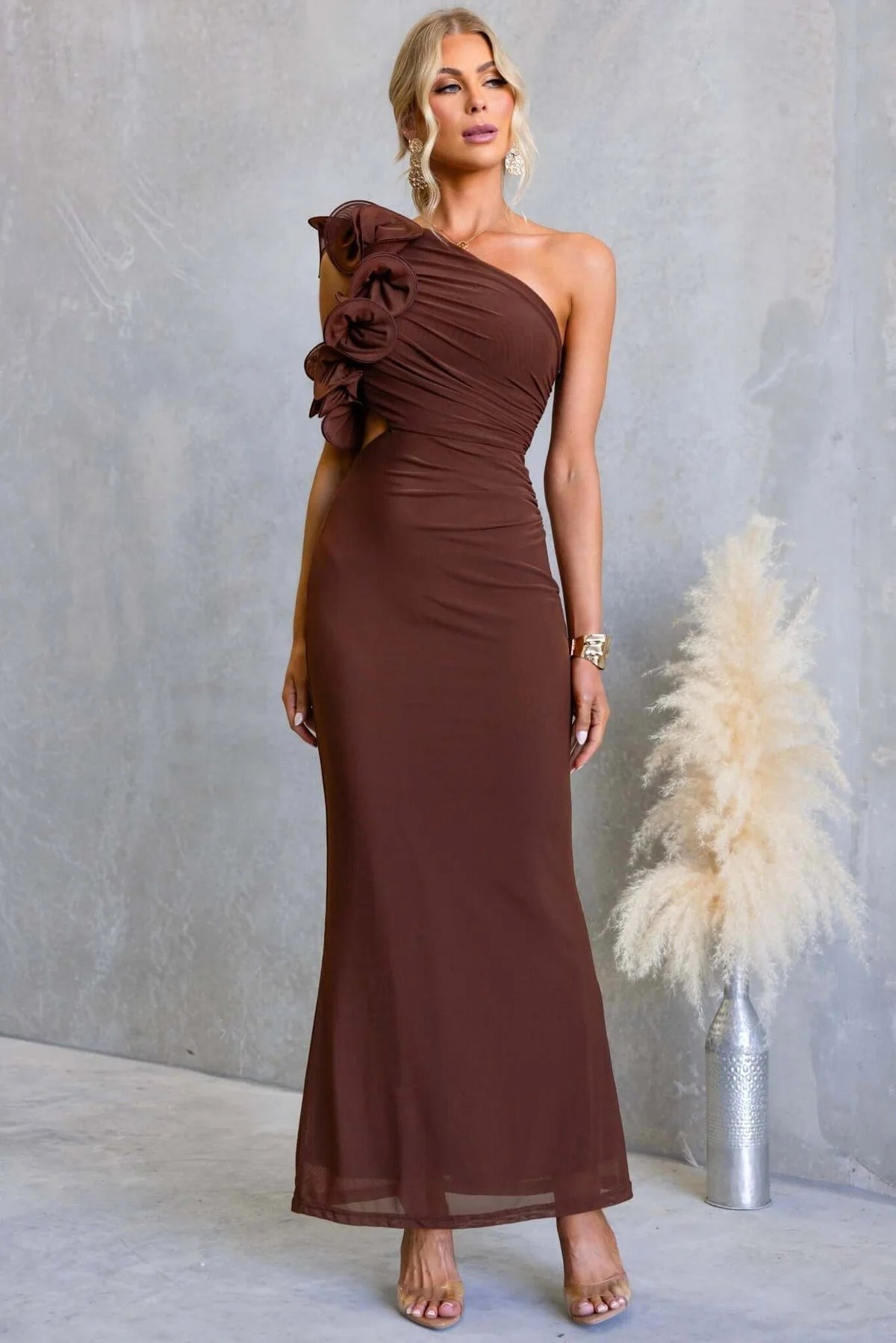 Emersyn | Women's One-Shoulder Maxi Dress with Ruffled Detail, Fitted Maxi Dress