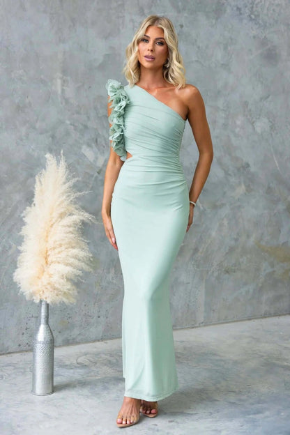 Emersyn | Women's One-Shoulder Maxi Dress with Ruffled Detail, Fitted Maxi Dress