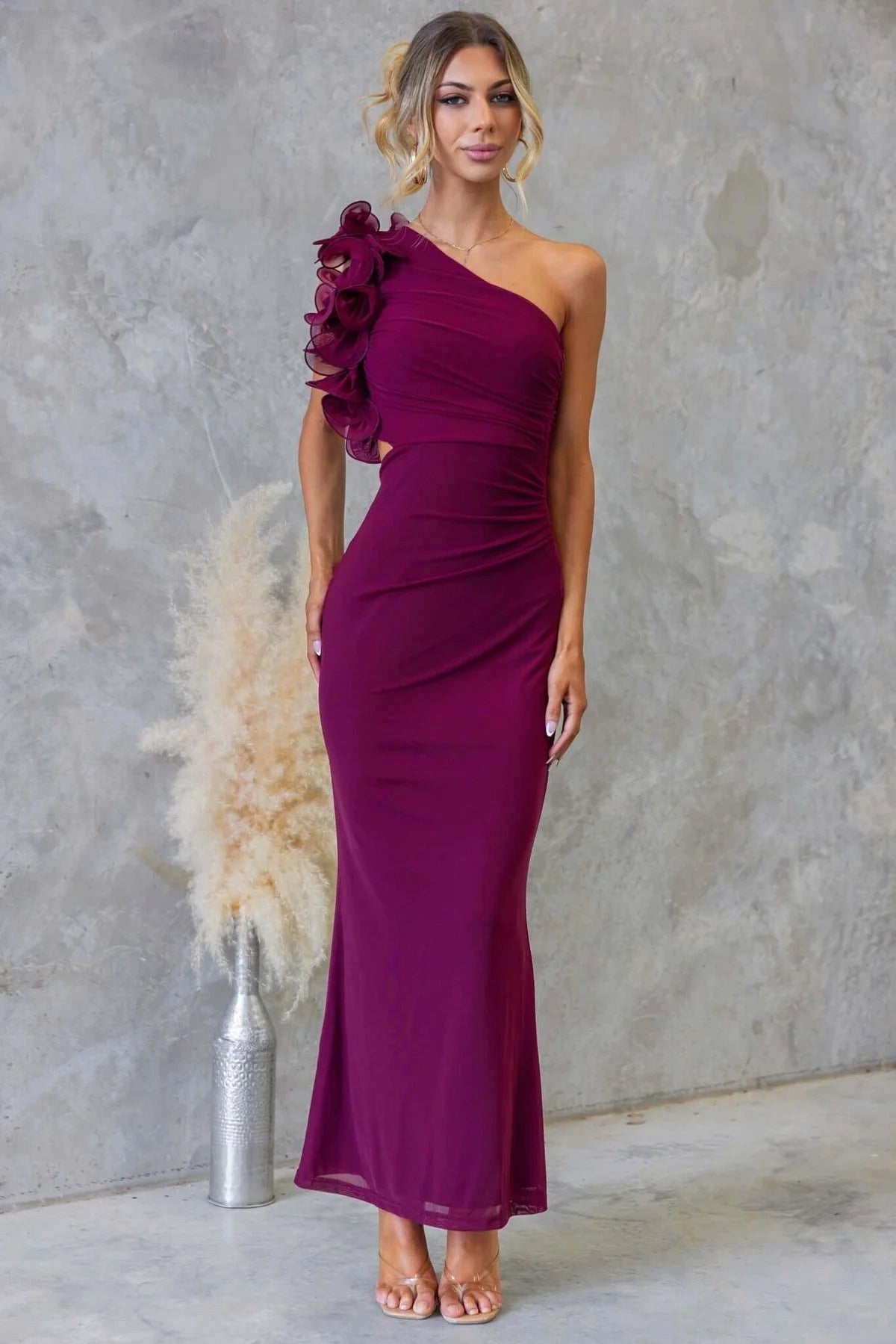 Emersyn | Women's One-Shoulder Maxi Dress with Ruffled Detail, Fitted Maxi Dress