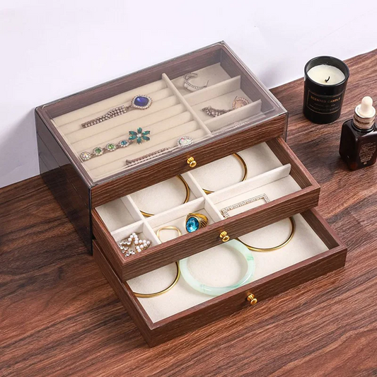 Jewelry Chest — 3 Drawers Dark Wood Clear View