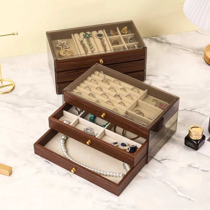 Jewelry Chest — 3 Drawers Dark Wood Clear View