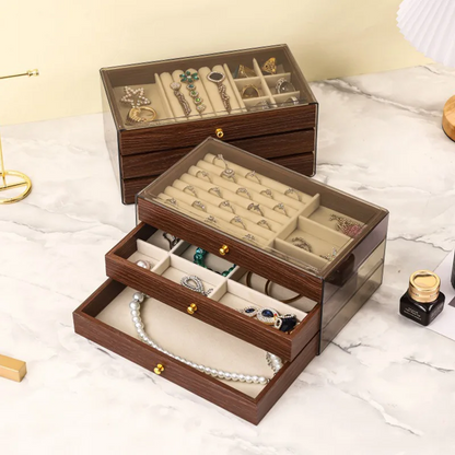 Jewelry Chest — 3 Drawers Dark Wood Clear View