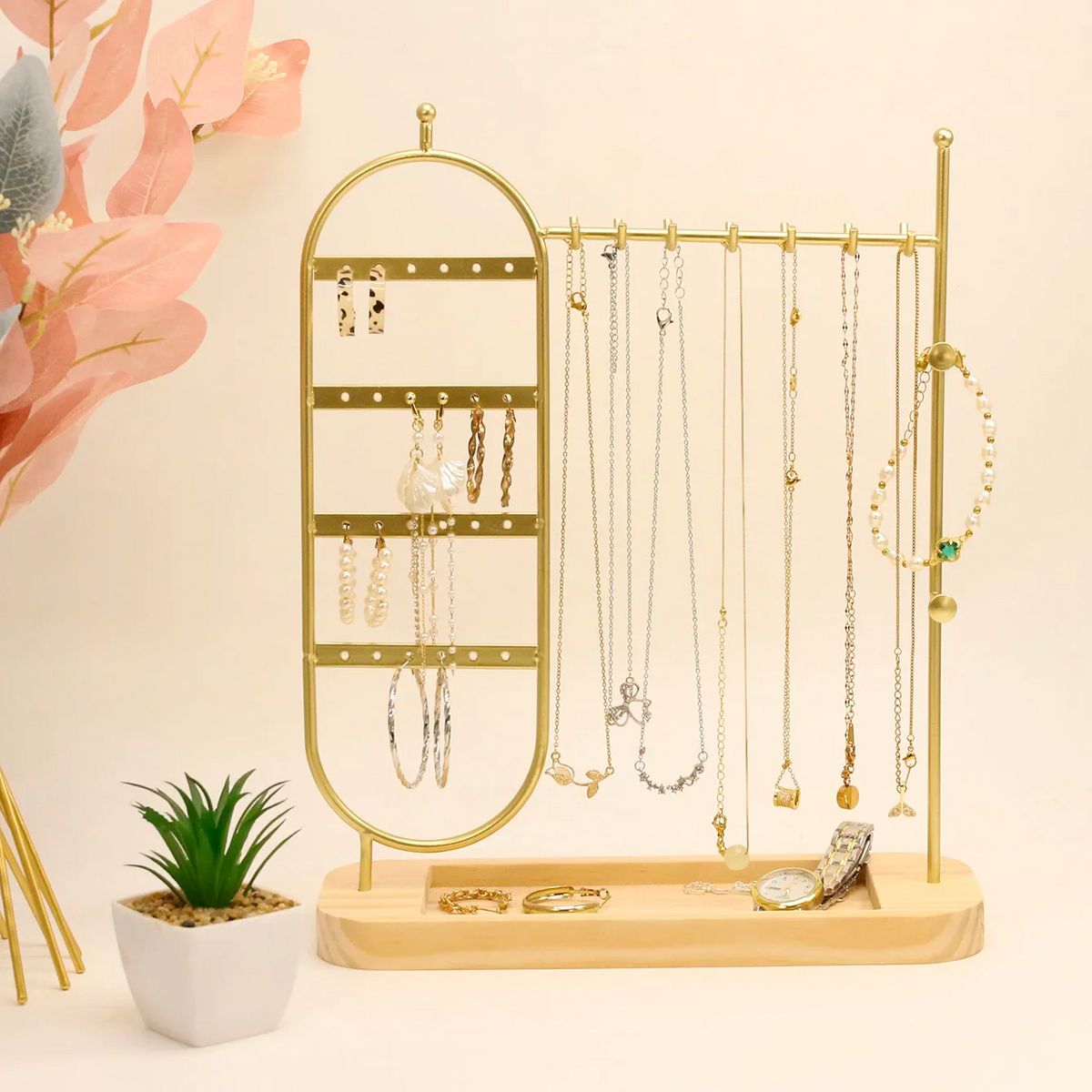 Jewelry Stand — Metal with Solid Wood Base