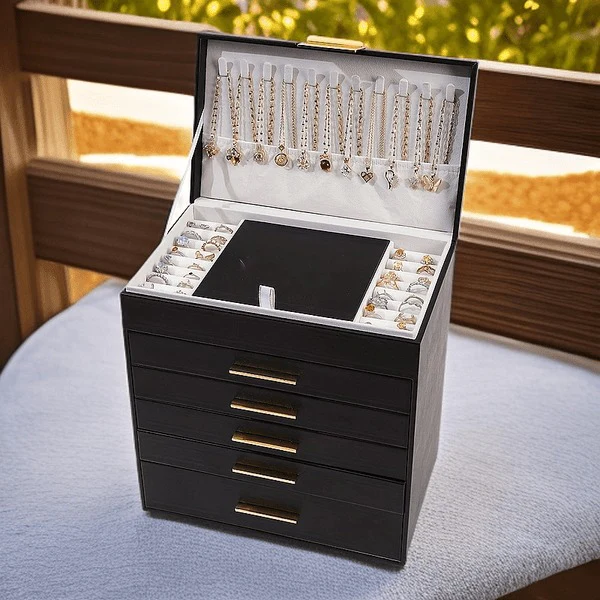 Jewelry Tower 5 Drawers — Curved Faux Leather