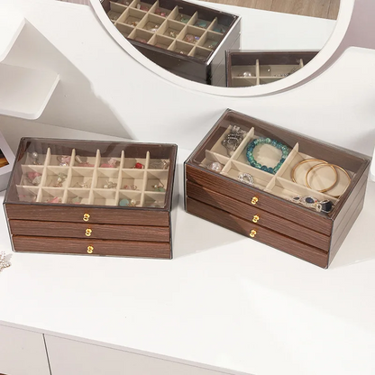 Jewelry Chest — 3 Drawers Dark Wood Clear View