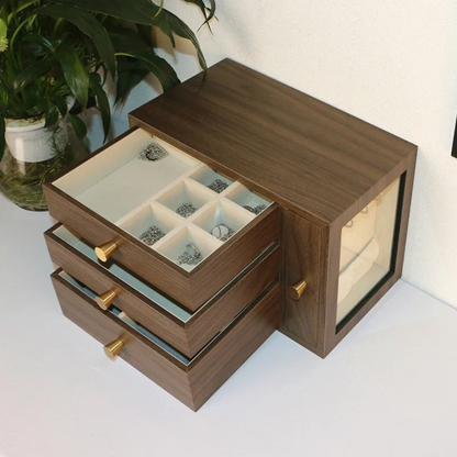 Jewelry Chest — Walnut-Grain Crystal-Clear Display