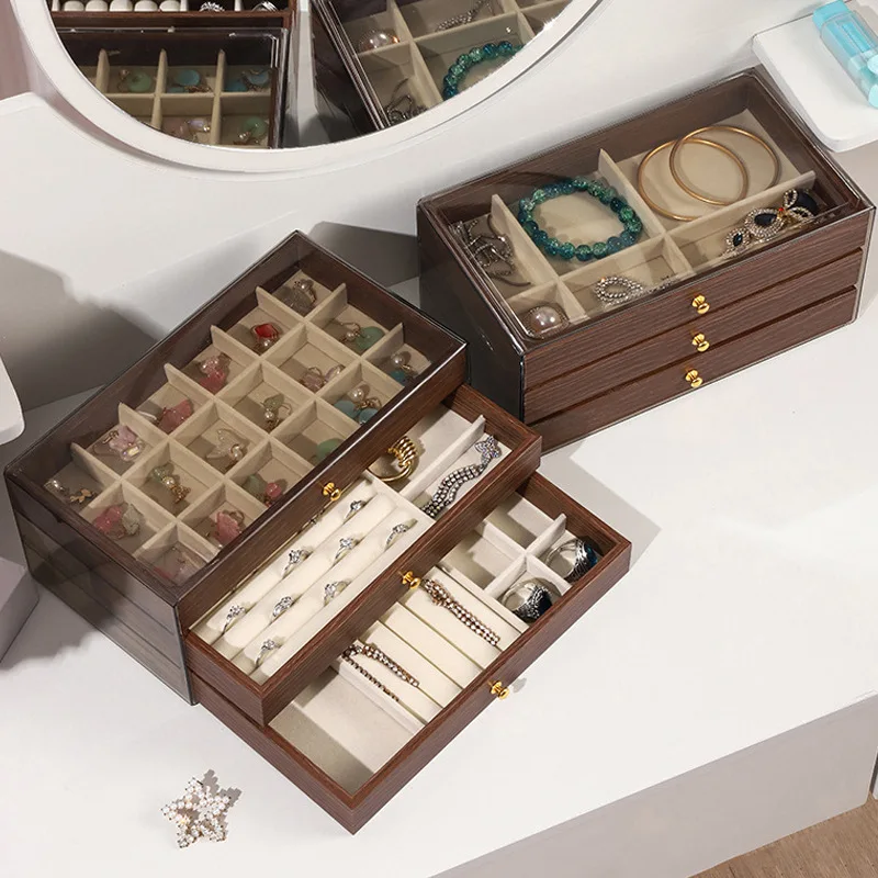 Jewelry Chest — 3 Drawers Dark Wood Clear View