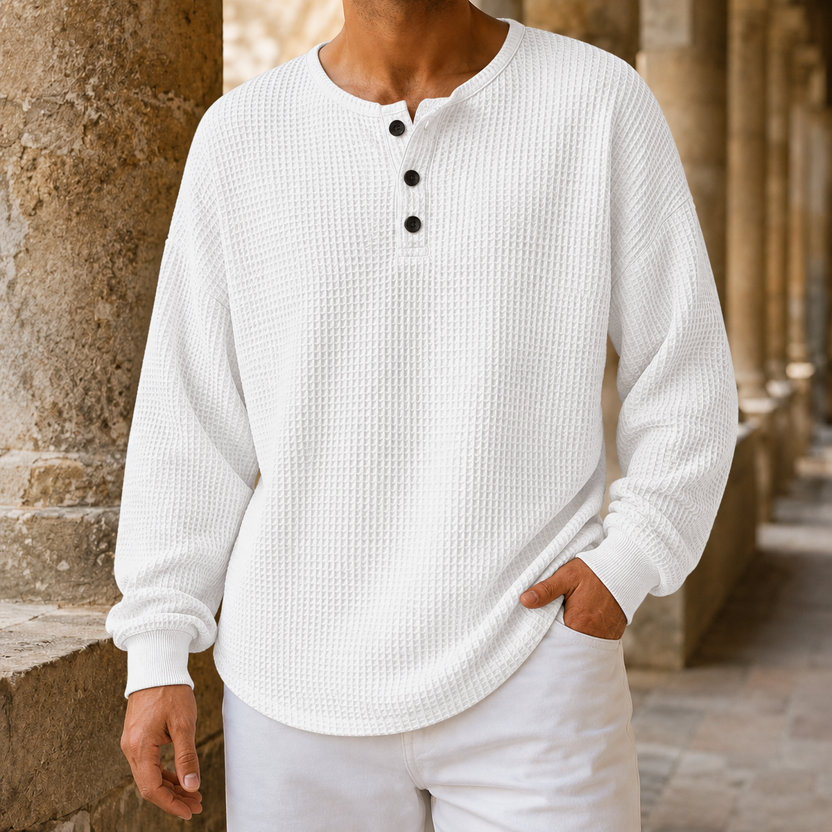 Waffle Knit Henley Sweater Relaxed Fit