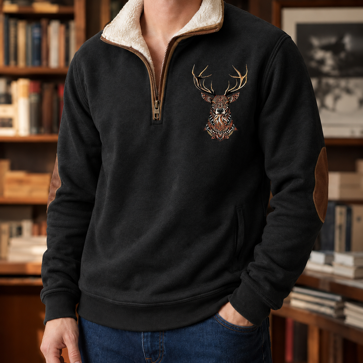 Quarter Zip Knit Sweater With Deer Motif