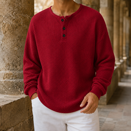Waffle Knit Henley Sweater Relaxed Fit