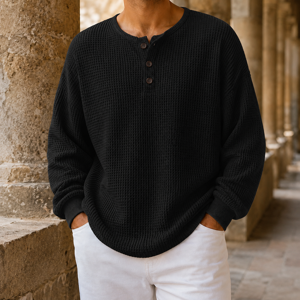 Waffle Knit Henley Sweater Relaxed Fit