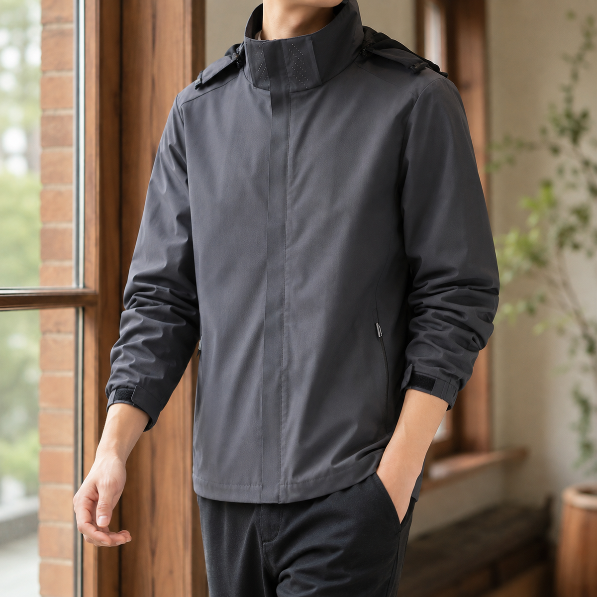 Hooded Woven Jacket With High Collar