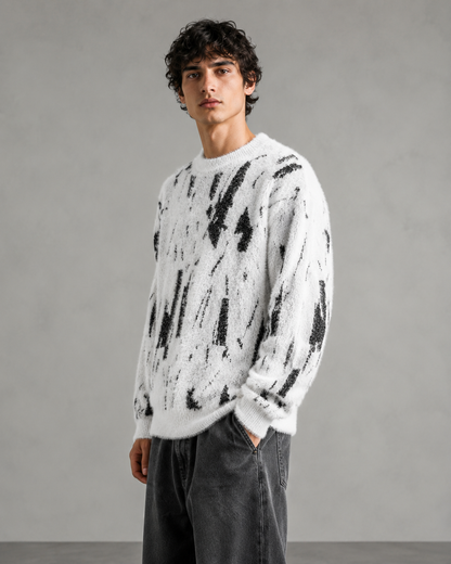 Men's Abstract Knit Sweater With Fuzzy Relaxed Fit