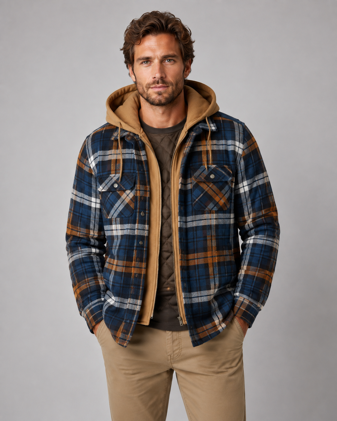 Men's Hooded Plaid Shacket Quilted Lined Zip Front