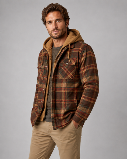 Men's Hooded Plaid Shacket Quilted Lined Zip Front