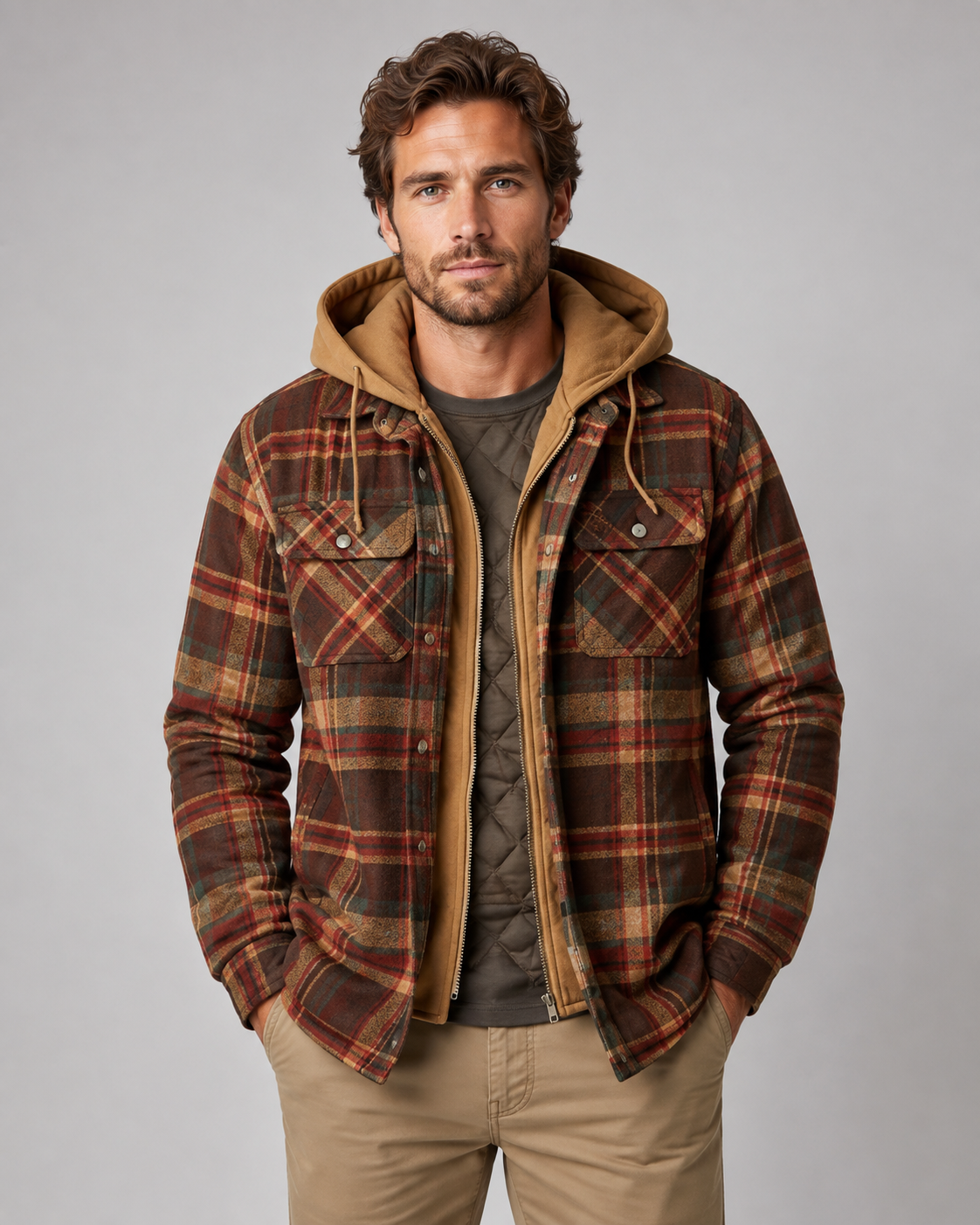 Men's Hooded Plaid Shacket Quilted Lined Zip Front