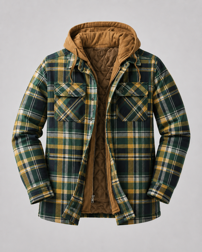 Men's Hooded Plaid Shacket Quilted Lined Zip Front