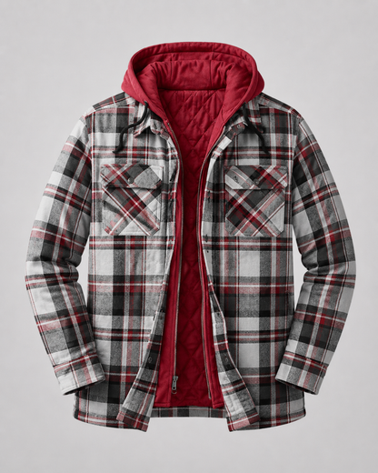 Men's Hooded Plaid Shacket Quilted Lined Zip Front