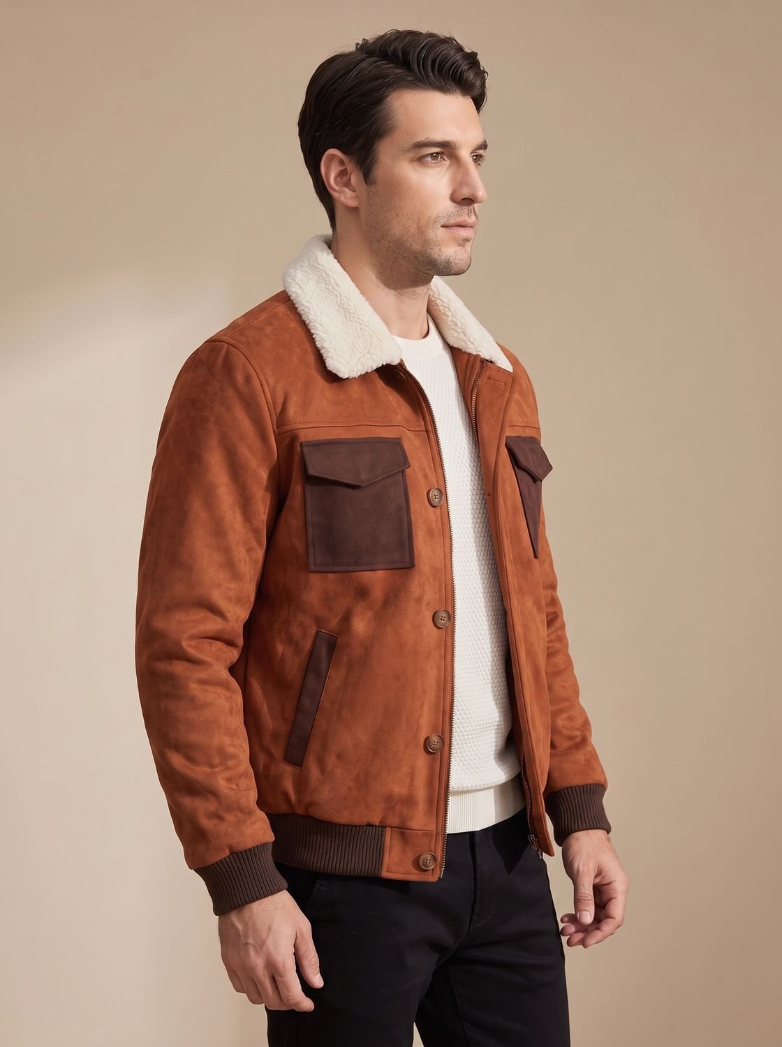 Ryan | Men's Suede Sherpa-Lined Bomber Jacket Vintage Button-Front
