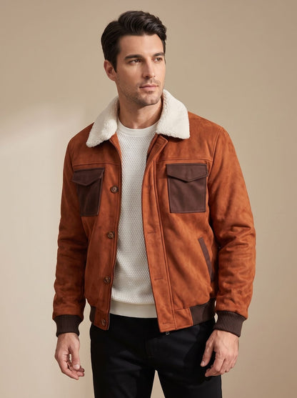 Ryan | Men's Suede Sherpa-Lined Bomber Jacket Vintage Button-Front