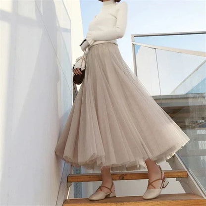 High Waist Tulle Midi Skirt for Women
